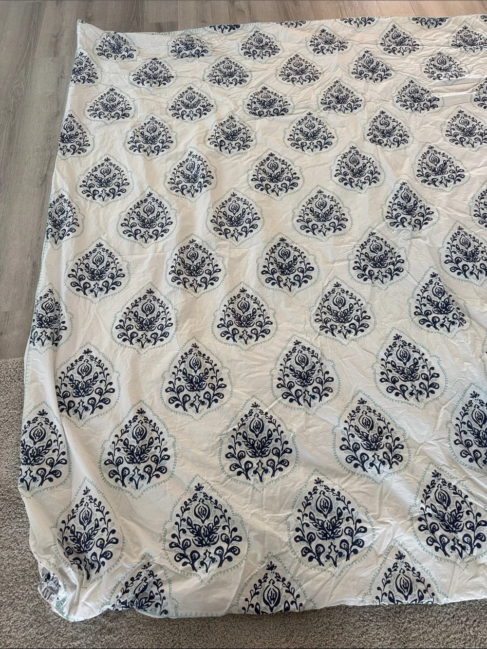 West Elm Queen Duvet Cover Jay Street Block Print Cotton Floral Blue White